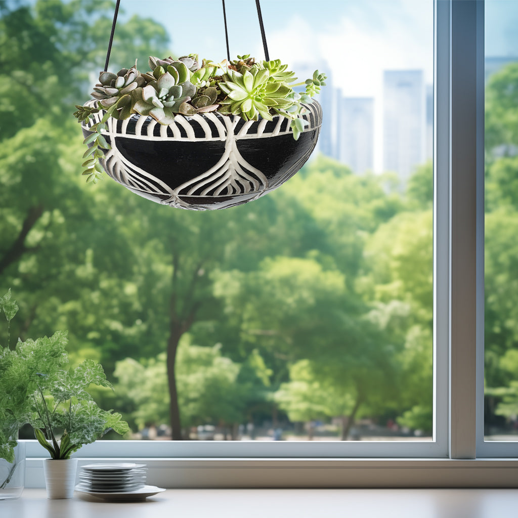 Hanging Bowl Planter, Large Hand Carved Ceramic Porcelain (Carved Rim)