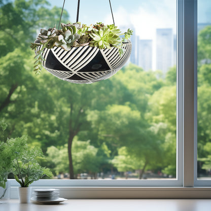 Large Bowl Hanging Planter, Hand Carved Ceramic Porcelain