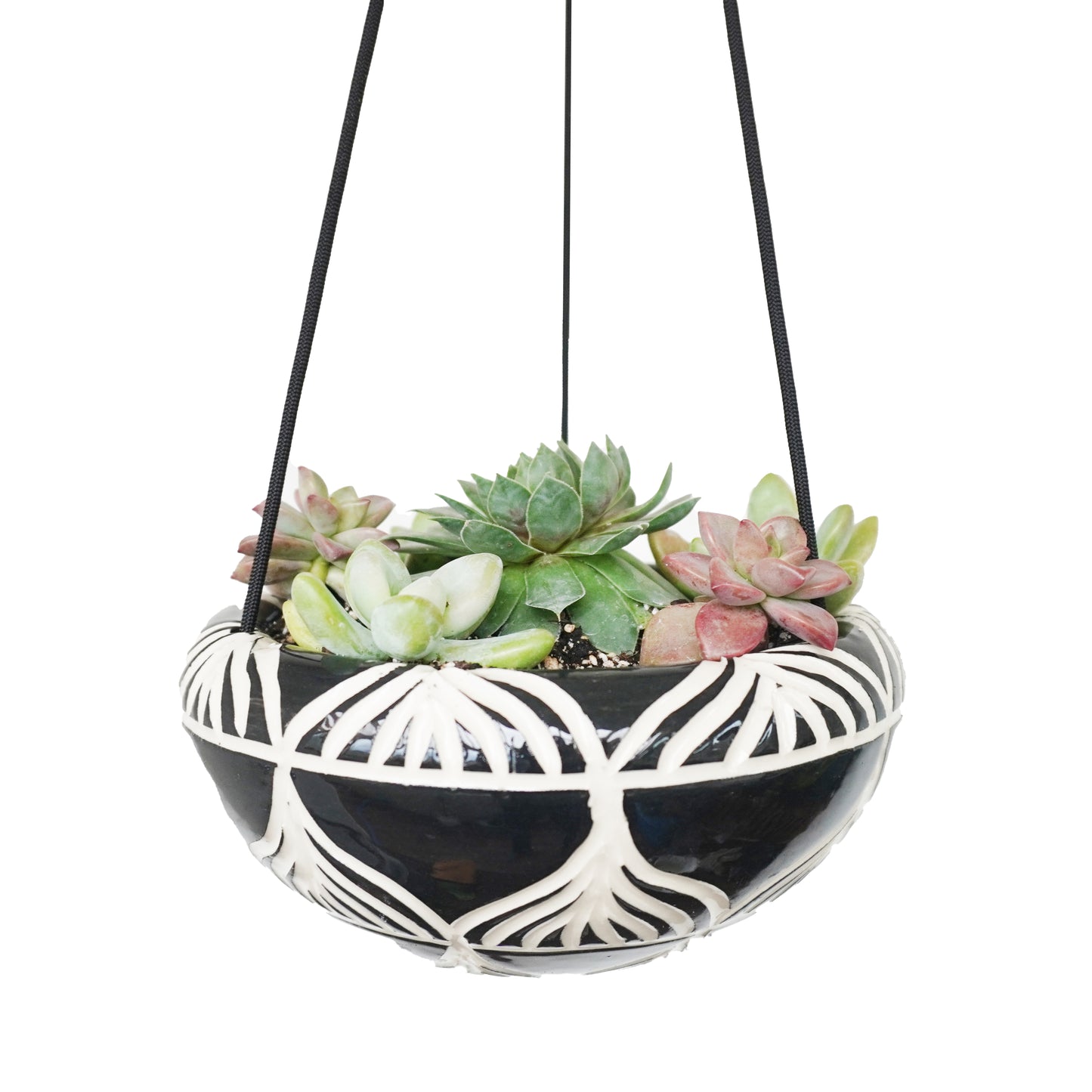 Bowl Hanging Planter, Medium Hand Carved Ceramic Porcelain (Carved Rim)