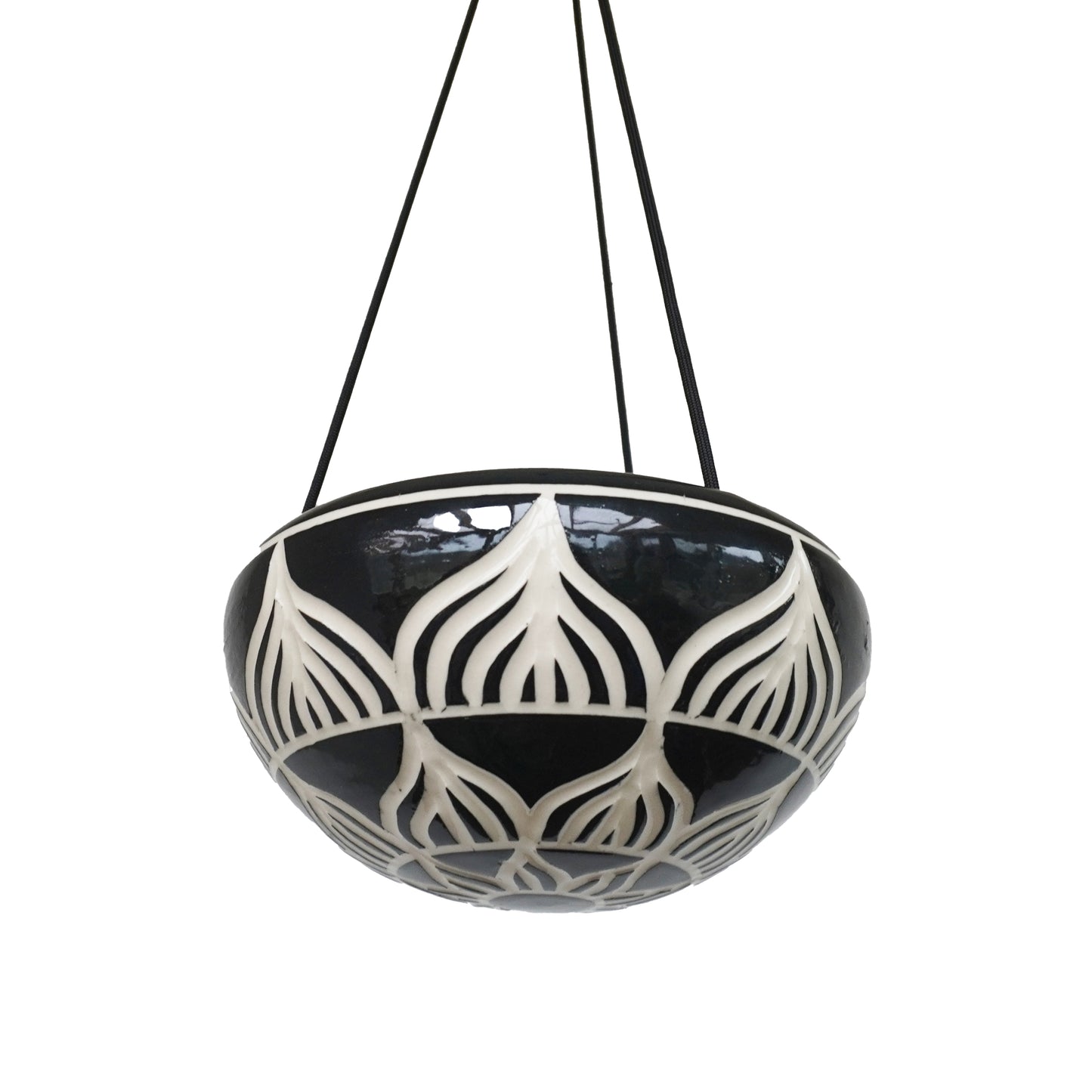 Bowl Hanging Planter, Medium Hand Carved Ceramic Porcelain, (Uncarved Rim)