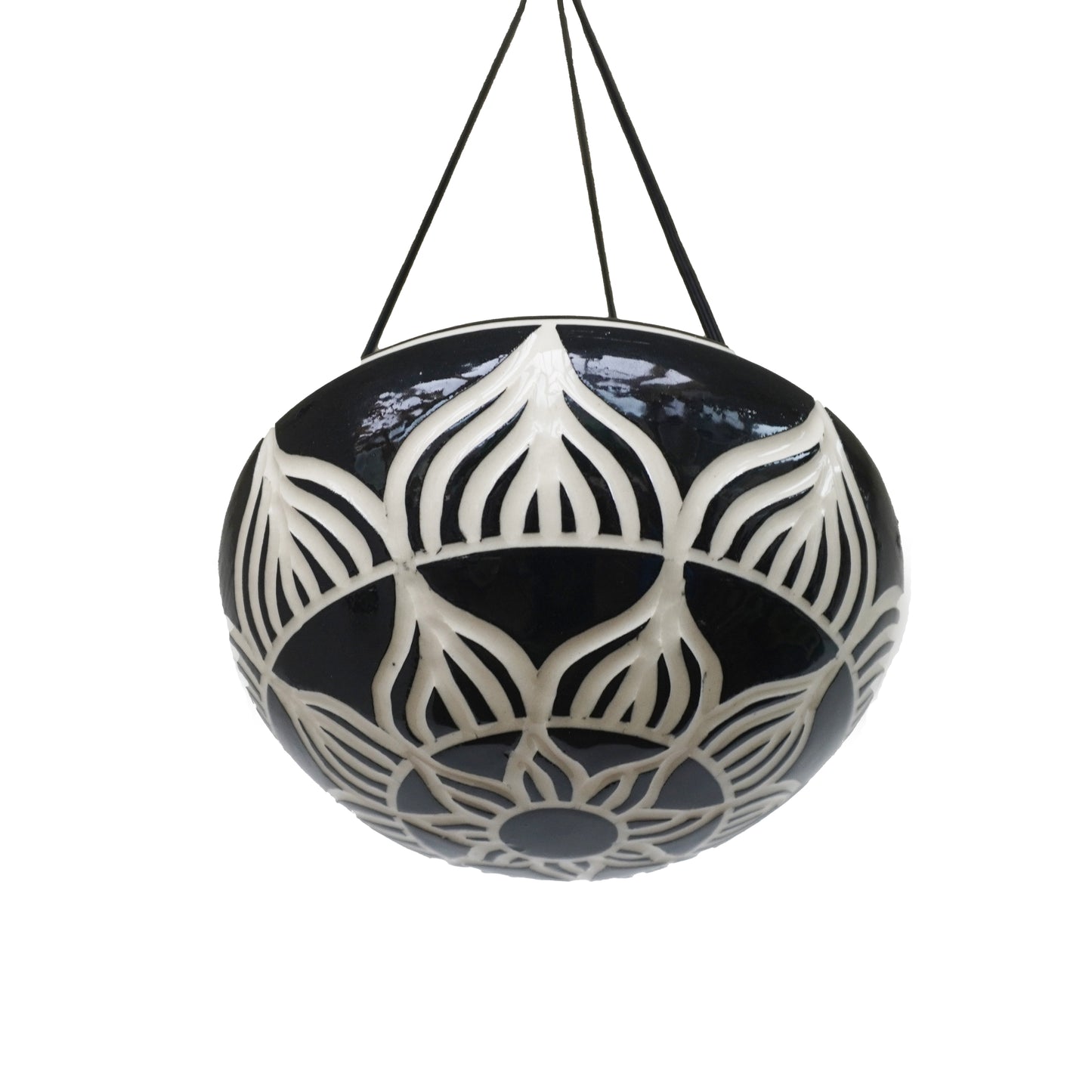 Bowl Hanging Planter, Medium Hand Carved Ceramic Porcelain, (Uncarved Rim)