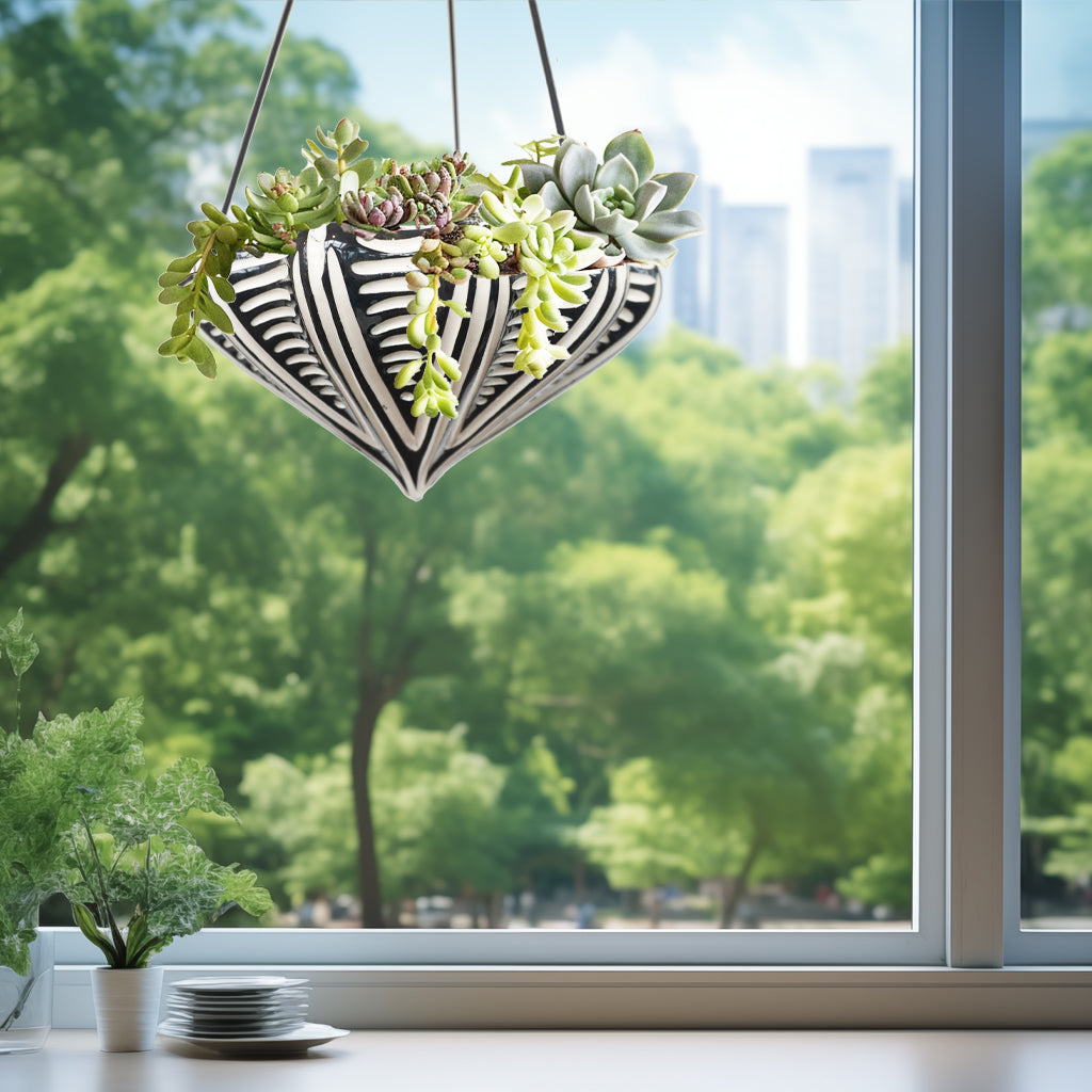 Fluted Hanging Planter, Hand Carved Ceramic Porcelain